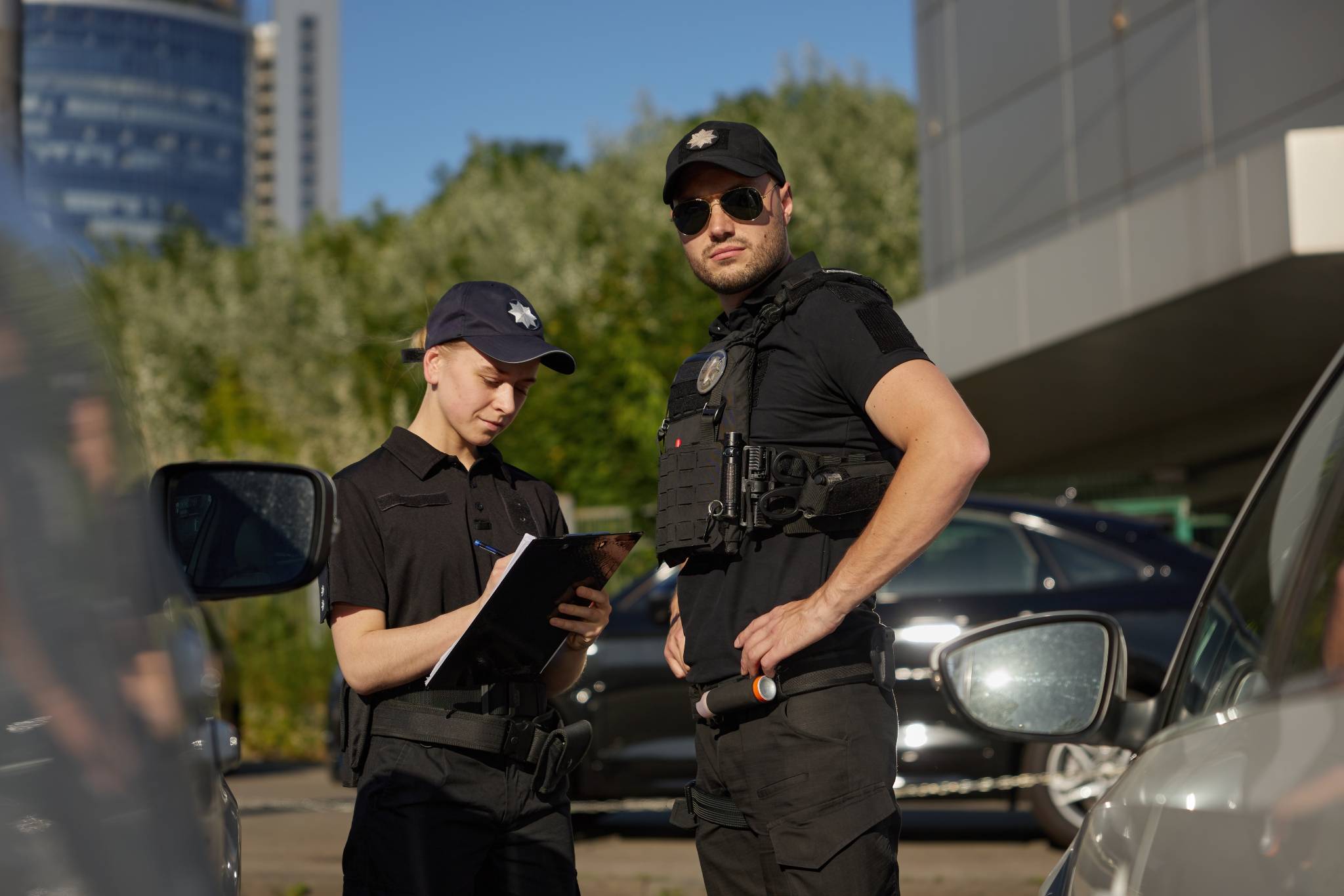 Patrol police team working on city street with parked cars
